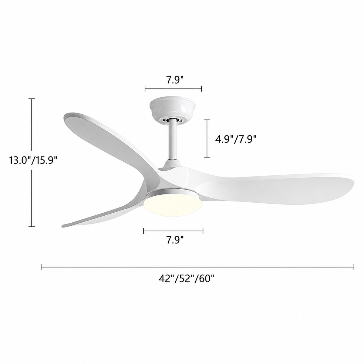 36-60 Inch Ceiling Fan Industrial Vintage ABS Ventilator with LED Light and Remote Control Decorative Blower Retro Large Fans - Dimensions