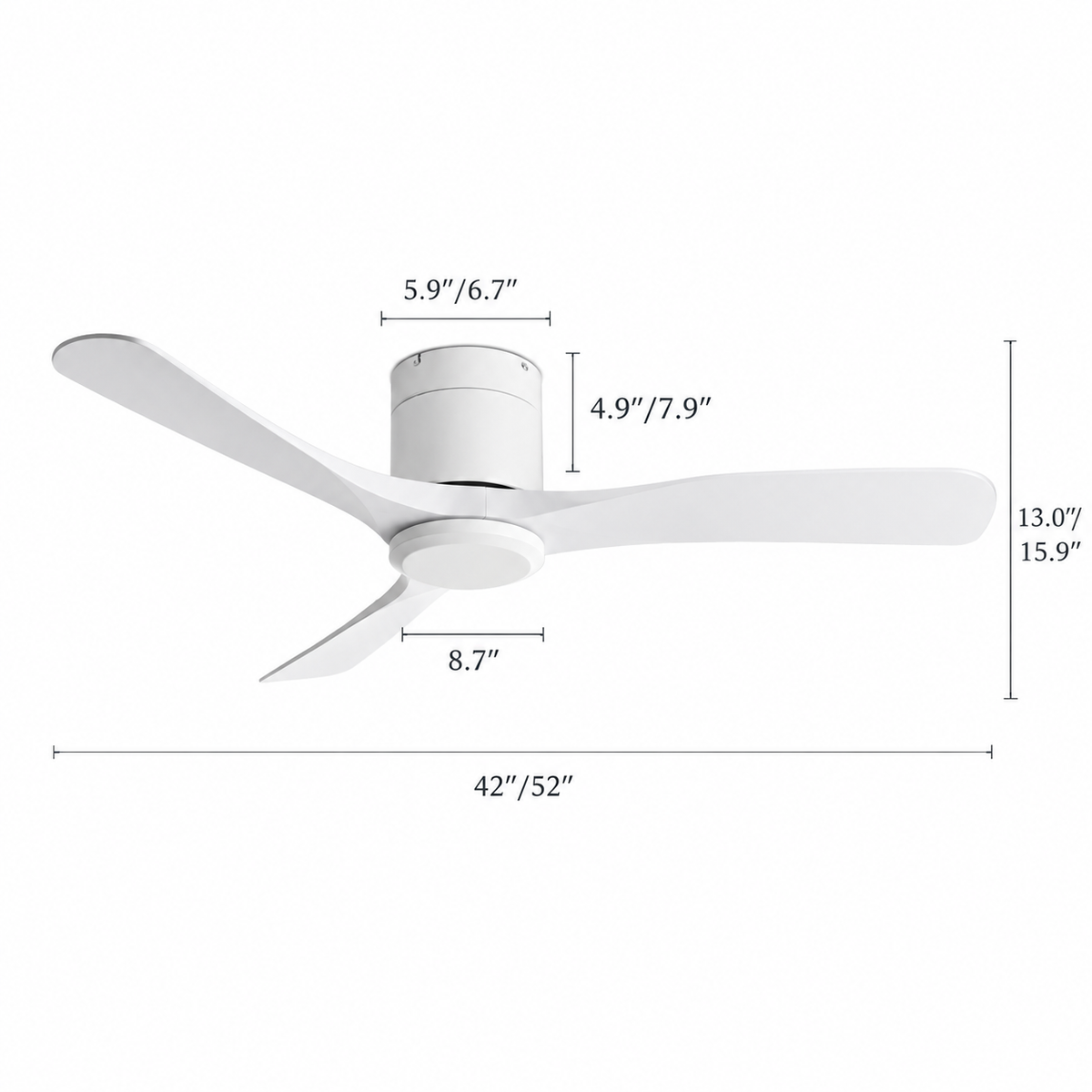 38/52/56 inch Low Floor DC Motor Ceiling Fan with Remote Control 3 Blades Quiet for Living Room Bedroom Coffee Shop Hotel Office - Dimensions