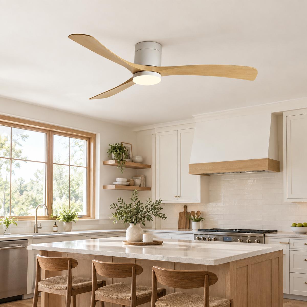 38/56inch Low Floor Ceiling Fan Light 3 Blades DC Motor Remote Control LED Lights for Restaurant Coffee Shop Home Hotel Office - Cuisine