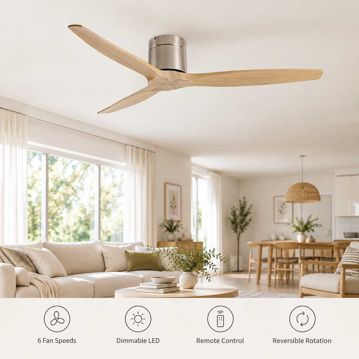 42/52/60 Inch Ceiling Fan 3 Wooden Blades Vintage Industrial Wood Ventilator Remote Control for Coffee Shop Home Hotel Office - Fonctionnalitées