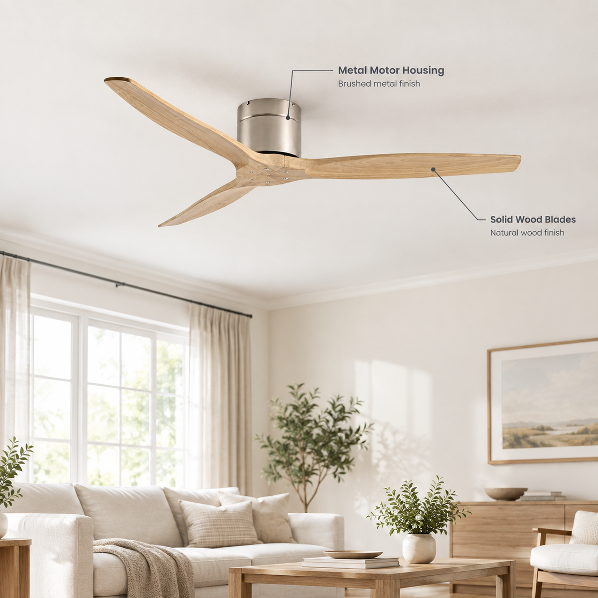 42/52/60 Inch Ceiling Fan 3 Wooden Blades Vintage Industrial Wood Ventilator Remote Control for Coffee Shop Home Hotel Office - Specs