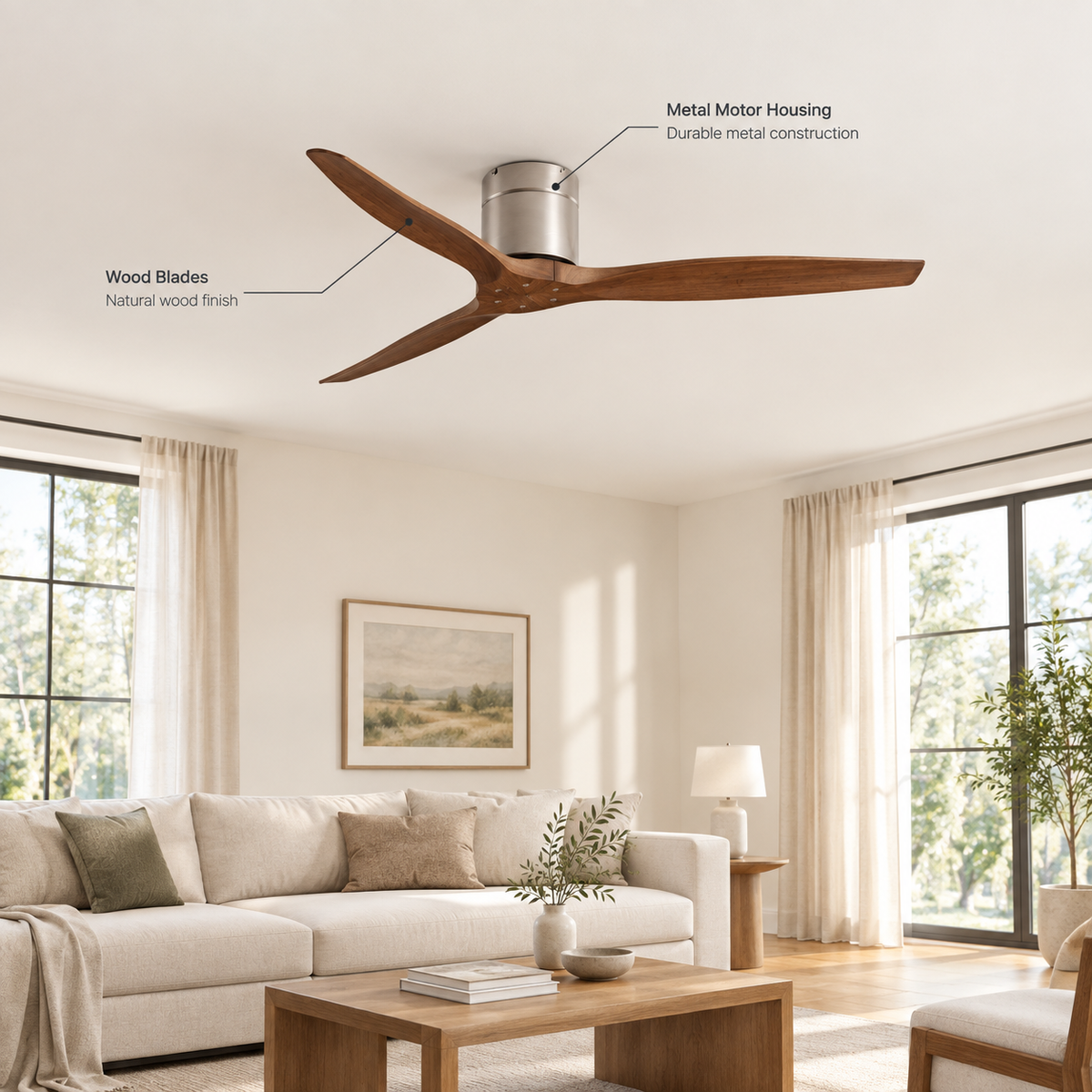 42/52/60 Inch Ceiling Fan 3 Wooden Blades Vintage Industrial Wood Ventilator Remote Control for Coffee Shop Home Hotel Office - Specs