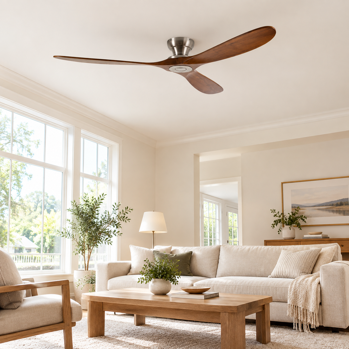 42/52/60 Inch Low Floor Ceiling Fan 3 Wooden Blade DC Motor Electric Fan with Remote Control for Living Room Dining Room Bedroom - Image 1 Image