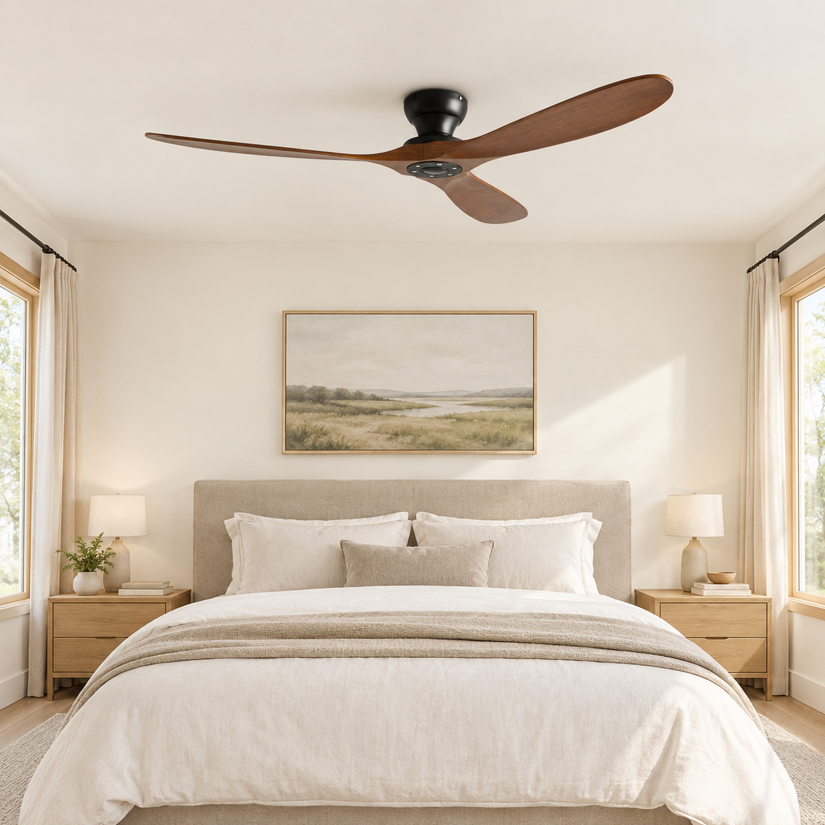 42/52/60 Inch Low Floor Ceiling Fan 3 Wooden Blade DC Motor Electric Fan with Remote Control for Living Room Dining Room Bedroom - Chambre