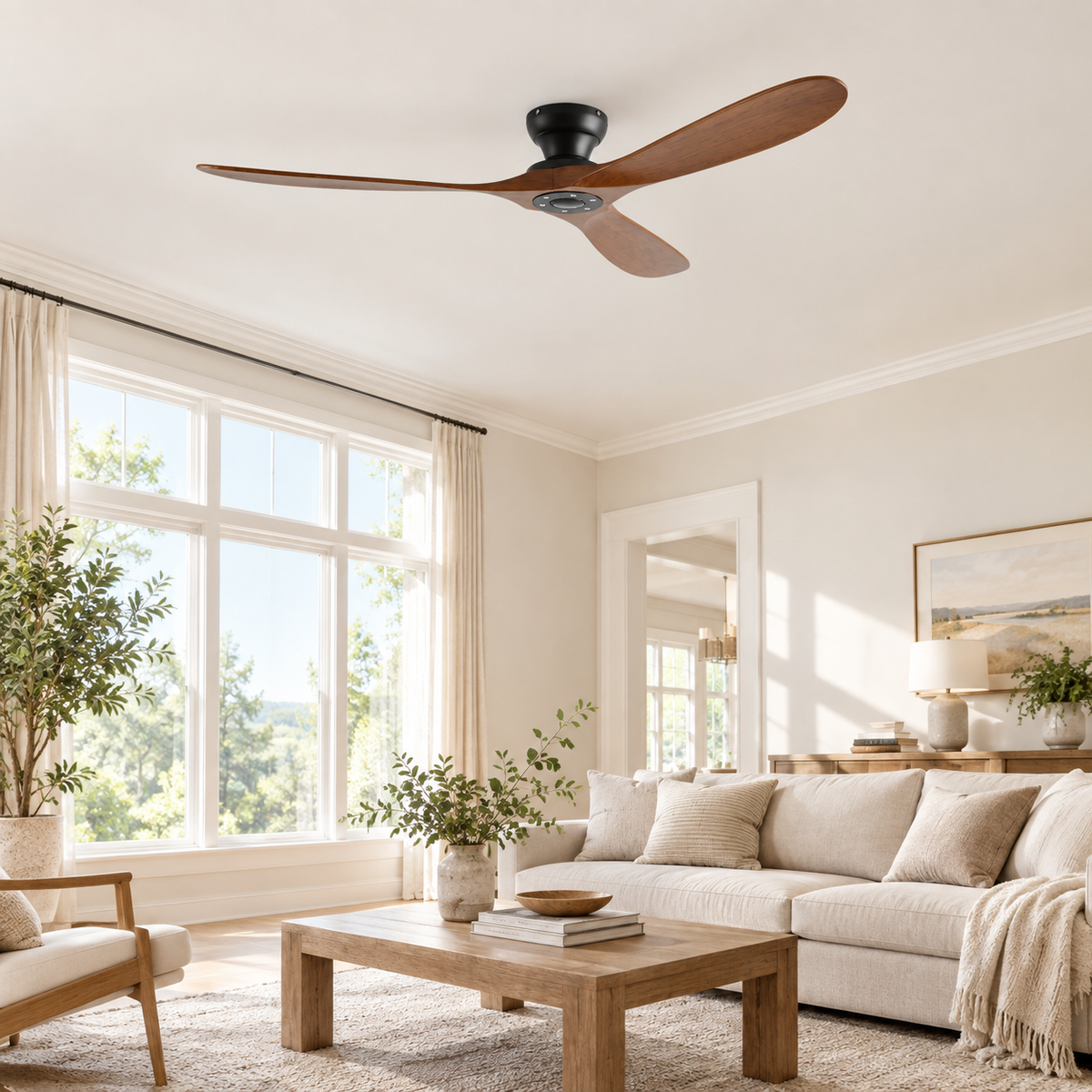 42/52/60 Inch Low Floor Ceiling Fan 3 Wooden Blade DC Motor Electric Fan with Remote Control for Living Room Dining Room Bedroom - Image 1 Image