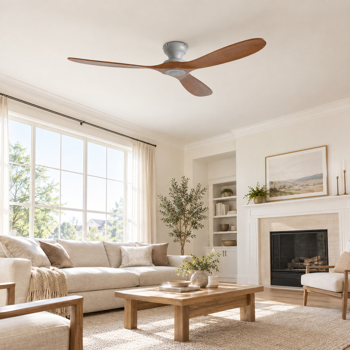 42/52/60 Inch Low Floor Ceiling Fan 3 Wooden Blade DC Motor Electric Fan with Remote Control for Living Room Dining Room Bedroom - Image 1 Image