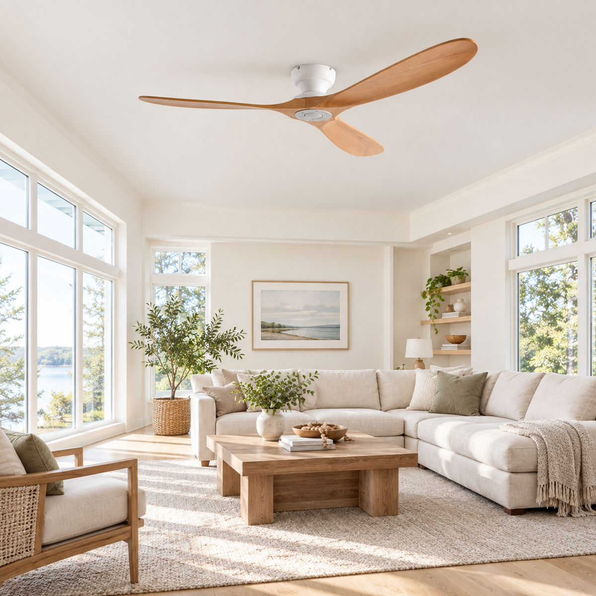 42/52/60 Inch Low Floor Ceiling Fan 3 Wooden Blade DC Motor Electric Fan with Remote Control for Living Room Dining Room Bedroom - Image 1 Image