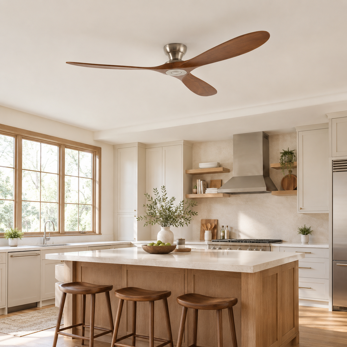 42/52/60 Inch Low Floor Ceiling Fan 3 Wooden Blade DC Motor Electric Fan with Remote Control for Living Room Dining Room Bedroom - Cuisine