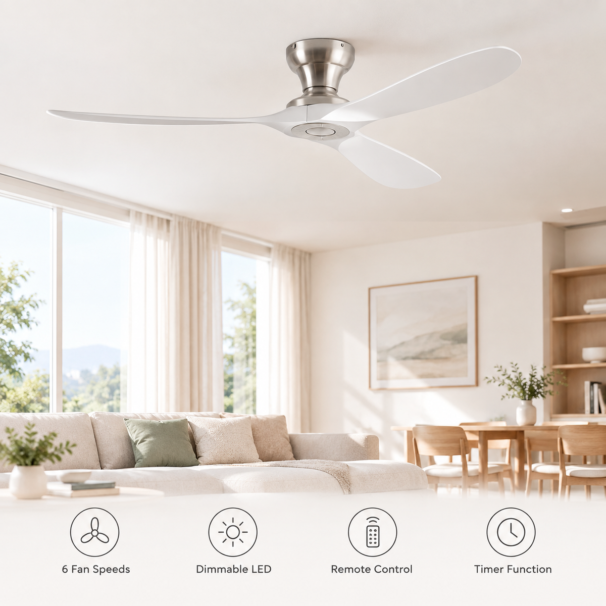 42/52/60 Inch Low Floor Ceiling Fan 3 Wooden Blade DC Motor Electric Fan with Remote Control for Living Room Dining Room Bedroom - Fonctionnalitées