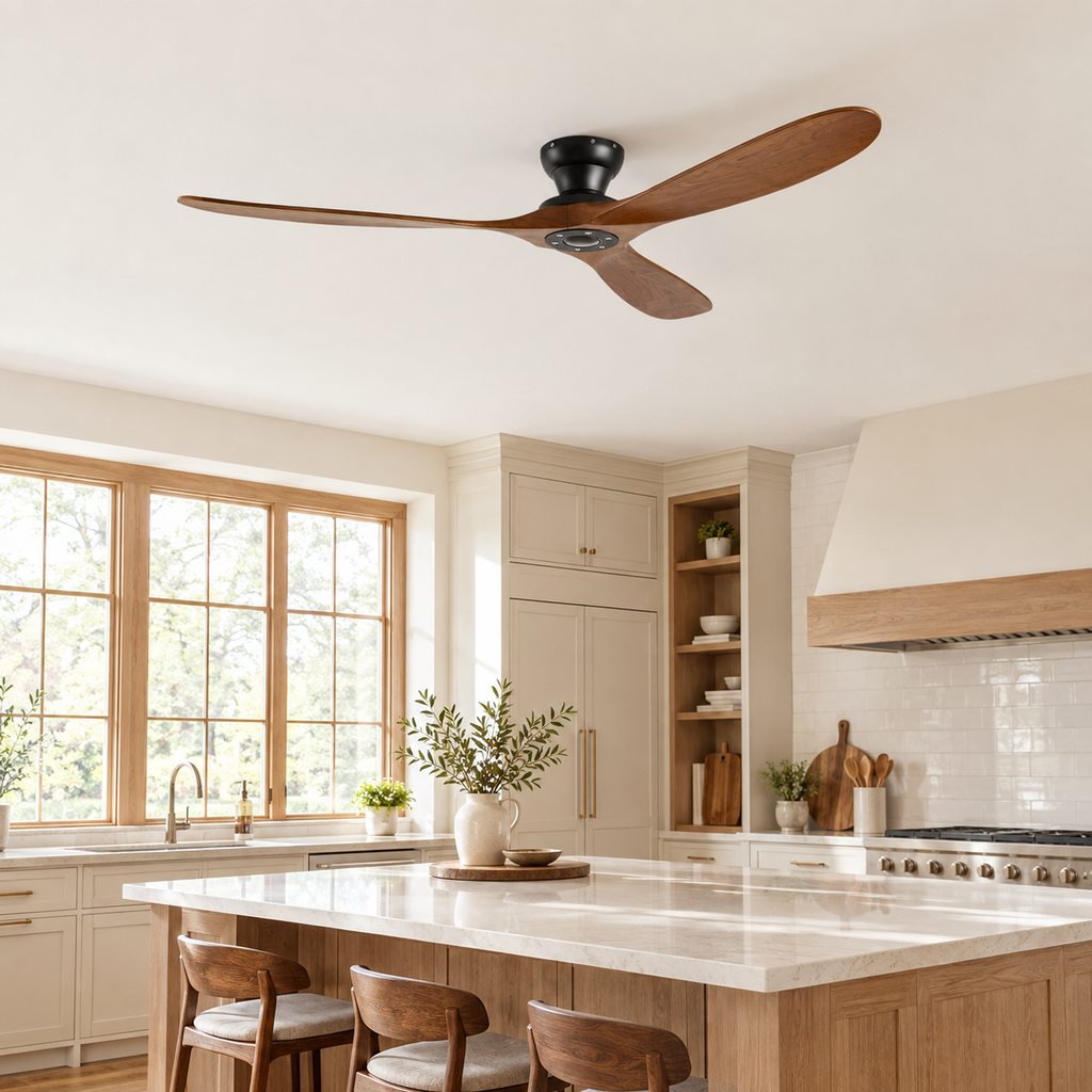 42/52/60 Inch Low Floor Ceiling Fan 3 Wooden Blade DC Motor Electric Fan with Remote Control for Living Room Dining Room Bedroom - Cuisine