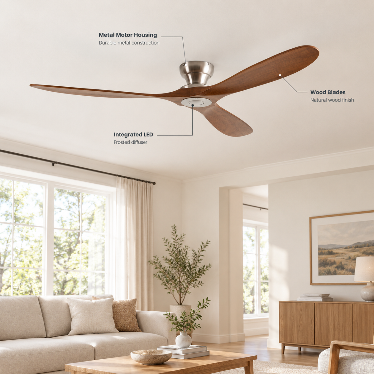 42/52/60 Inch Low Floor Ceiling Fan 3 Wooden Blade DC Motor Electric Fan with Remote Control for Living Room Dining Room Bedroom - Specs