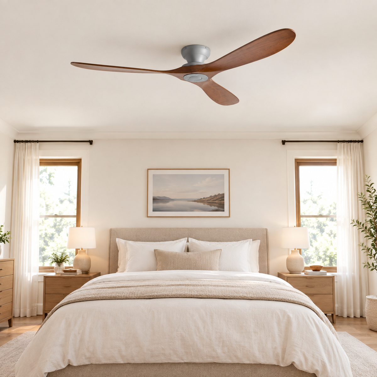 42/52/60 Inch Low Floor Ceiling Fan 3 Wooden Blade DC Motor Electric Fan with Remote Control for Living Room Dining Room Bedroom - Chambre