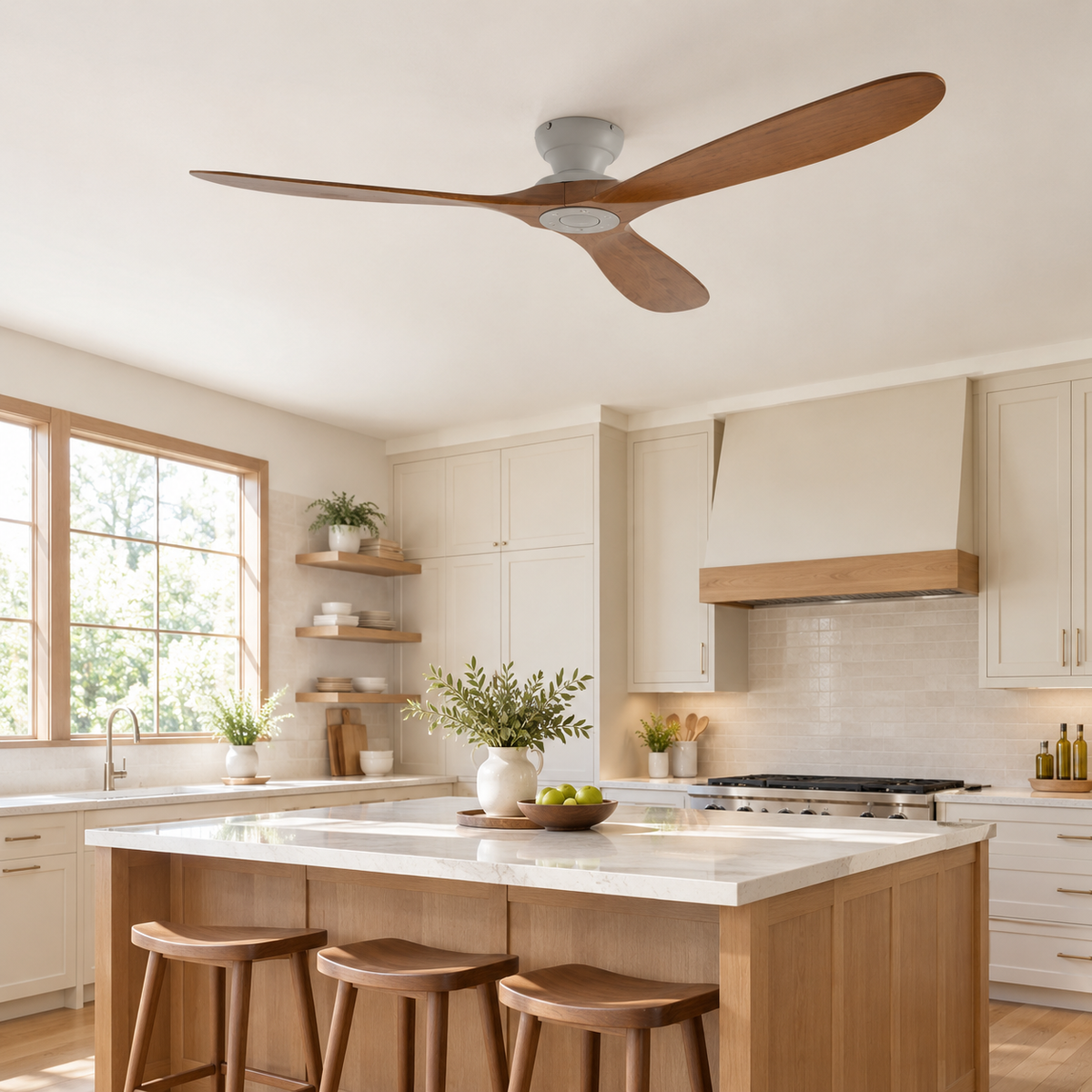 42/52/60 Inch Low Floor Ceiling Fan 3 Wooden Blade DC Motor Electric Fan with Remote Control for Living Room Dining Room Bedroom - Cuisine