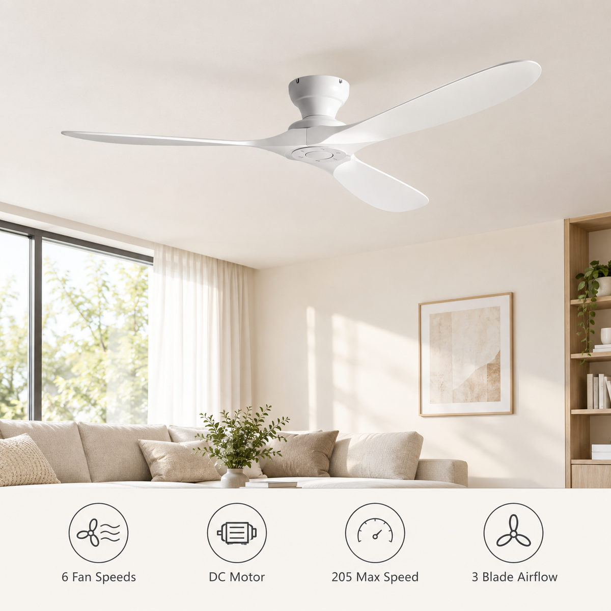 42/52/60 Inch Low Floor Ceiling Fan 3 Wooden Blade DC Motor Electric Fan with Remote Control for Living Room Dining Room Bedroom - Fonctionnalitées