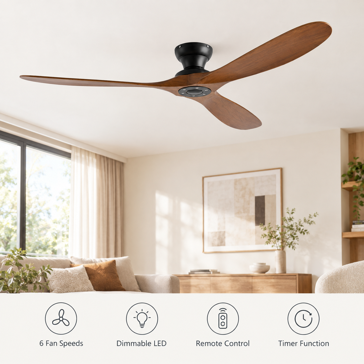 42/52/60 Inch Low Floor Ceiling Fan 3 Wooden Blade DC Motor Electric Fan with Remote Control for Living Room Dining Room Bedroom - Fonctionnalitées