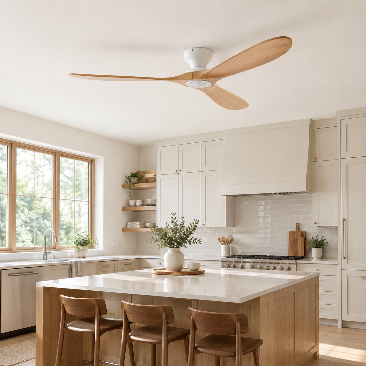 42/52/60 Inch Low Floor Ceiling Fan 3 Wooden Blade DC Motor Electric Fan with Remote Control for Living Room Dining Room Bedroom - Cuisine