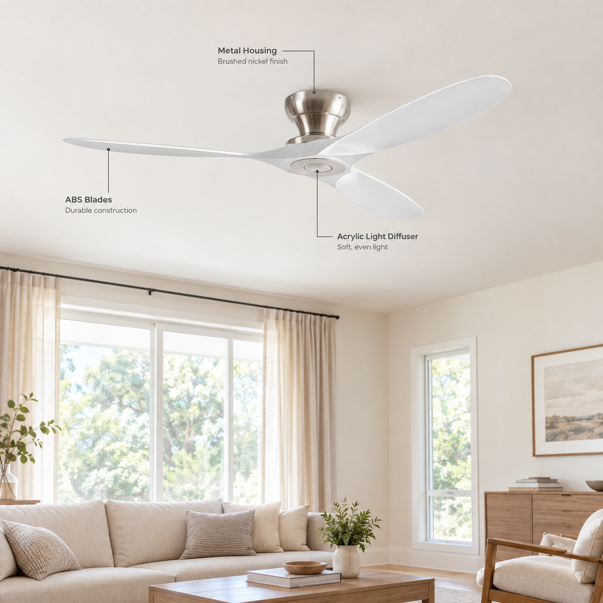 42/52/60 Inch Low Floor Ceiling Fan 3 Wooden Blade DC Motor Electric Fan with Remote Control for Living Room Dining Room Bedroom - Specs