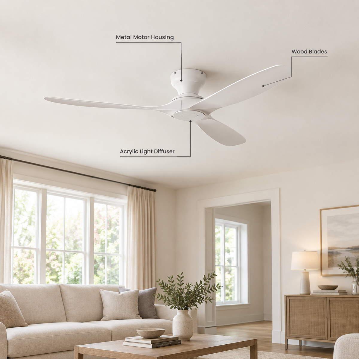 42/52/60 Inch Low Floor Ceiling Fan 3 Wooden Blade DC Motor Electric Fan with Remote Control for Living Room Dining Room Bedroom - Specs
