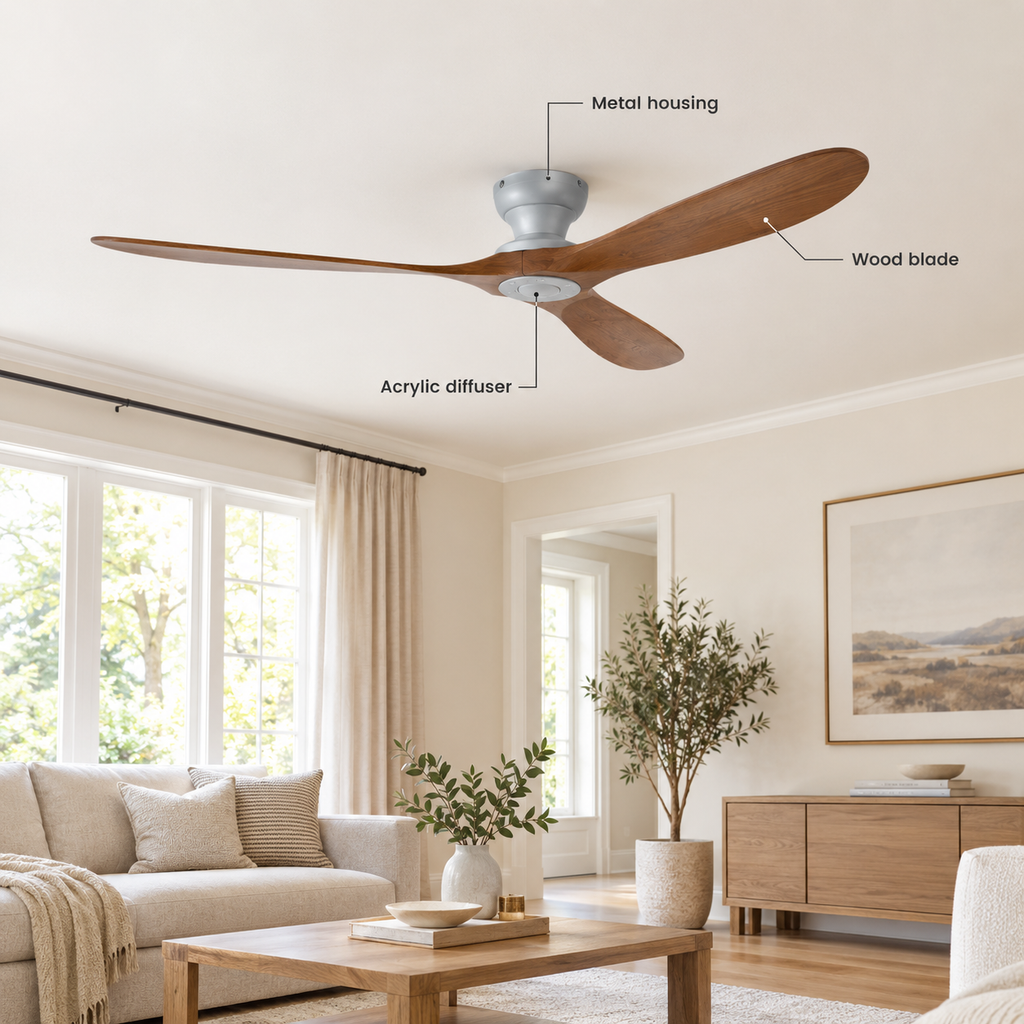 42/52/60 Inch Low Floor Ceiling Fan 3 Wooden Blade DC Motor Electric Fan with Remote Control for Living Room Dining Room Bedroom - Specs