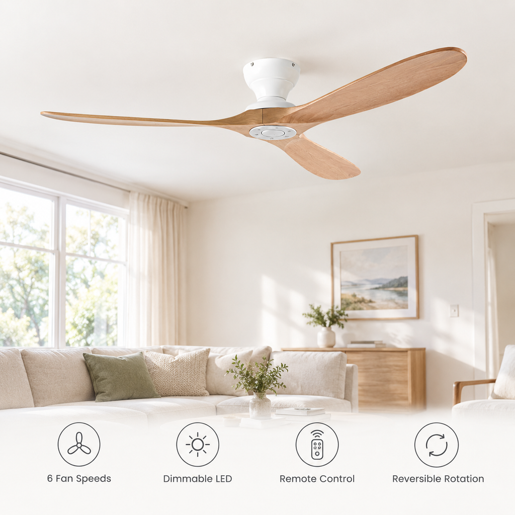 42/52/60 Inch Low Floor Ceiling Fan 3 Wooden Blade DC Motor Electric Fan with Remote Control for Living Room Dining Room Bedroom - Fonctionnalitées
