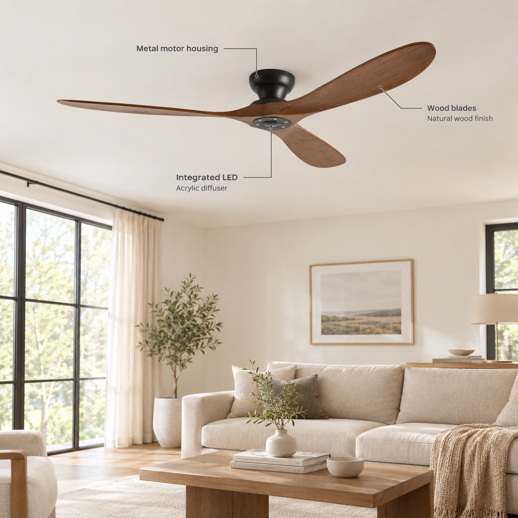 42/52/60 Inch Low Floor Ceiling Fan 3 Wooden Blade DC Motor Electric Fan with Remote Control for Living Room Dining Room Bedroom - Specs