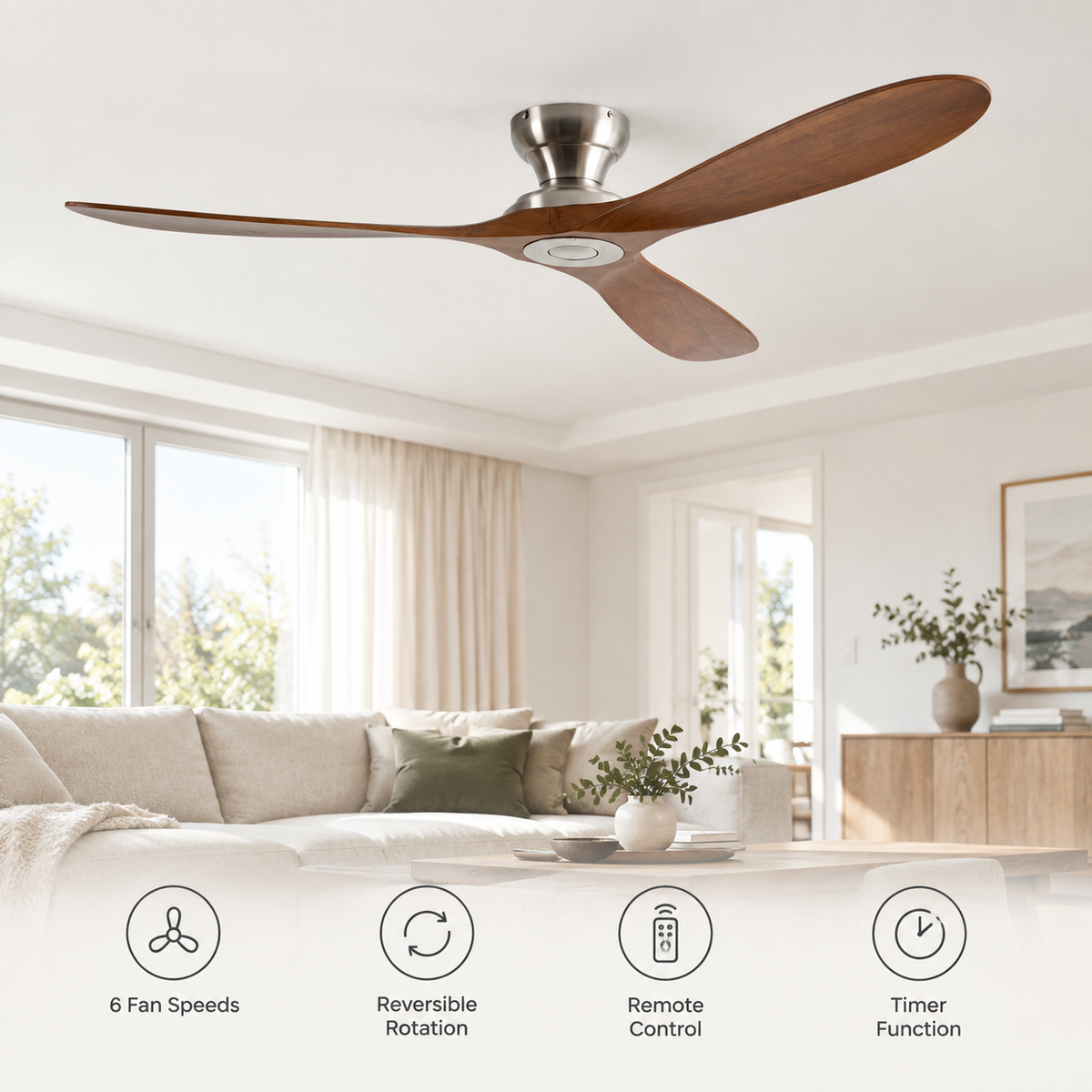 42/52/60 Inch Low Floor Ceiling Fan 3 Wooden Blade DC Motor Electric Fan with Remote Control for Living Room Dining Room Bedroom - Fonctionnalitées