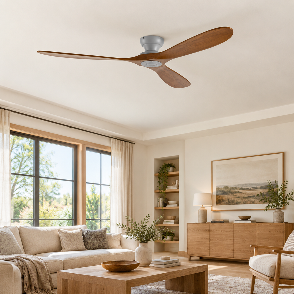 42/52/60 Inch Low Floor Ceiling Fan 3 Wooden Blade DC Motor Electric Fan with Remote Control for Living Room Dining Room Bedroom - Salon