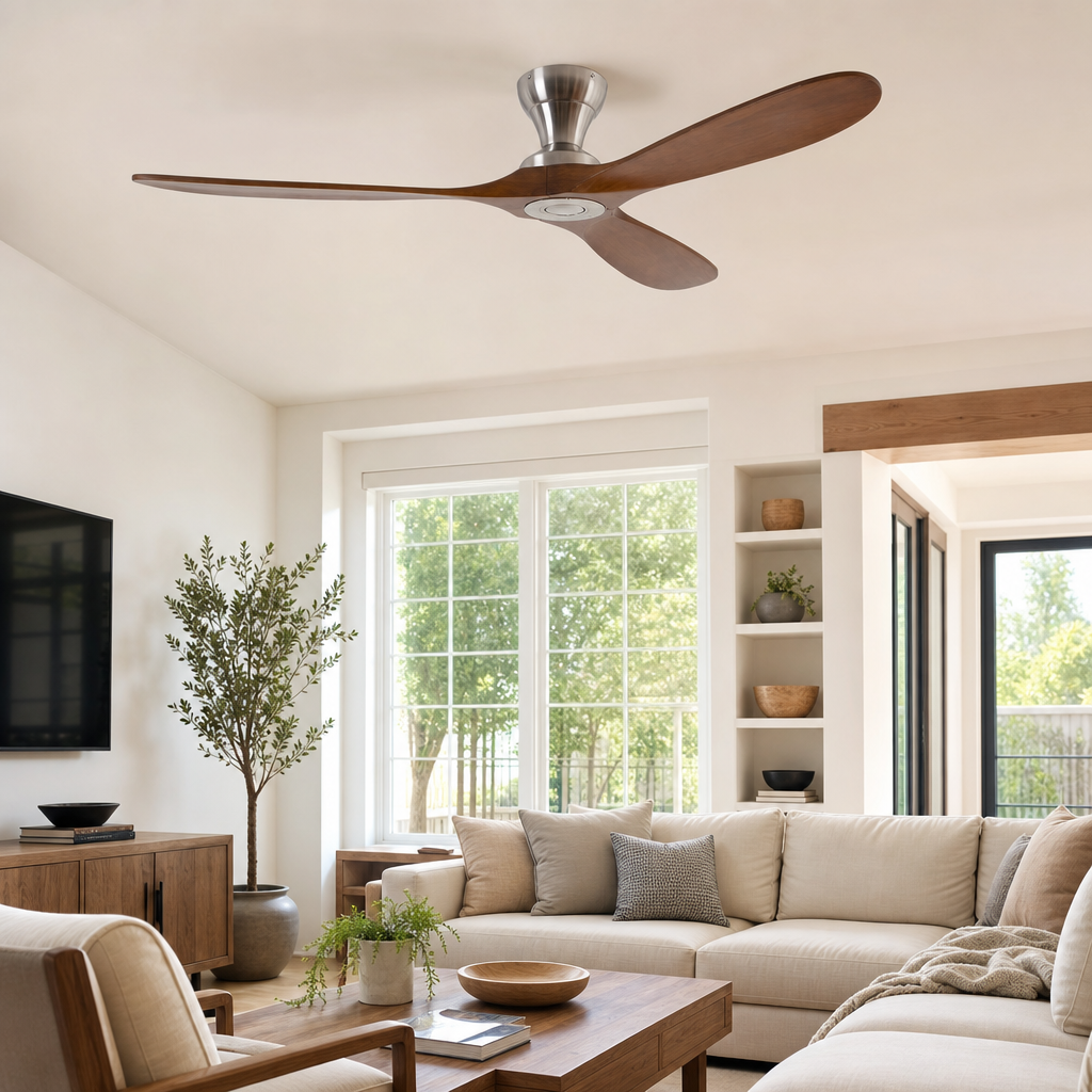 42/52/60 Inch Low Floor Ceiling Fan 3 Wooden Blade DC Motor Electric Fan with Remote Control for Living Room Dining Room Bedroom - Salon