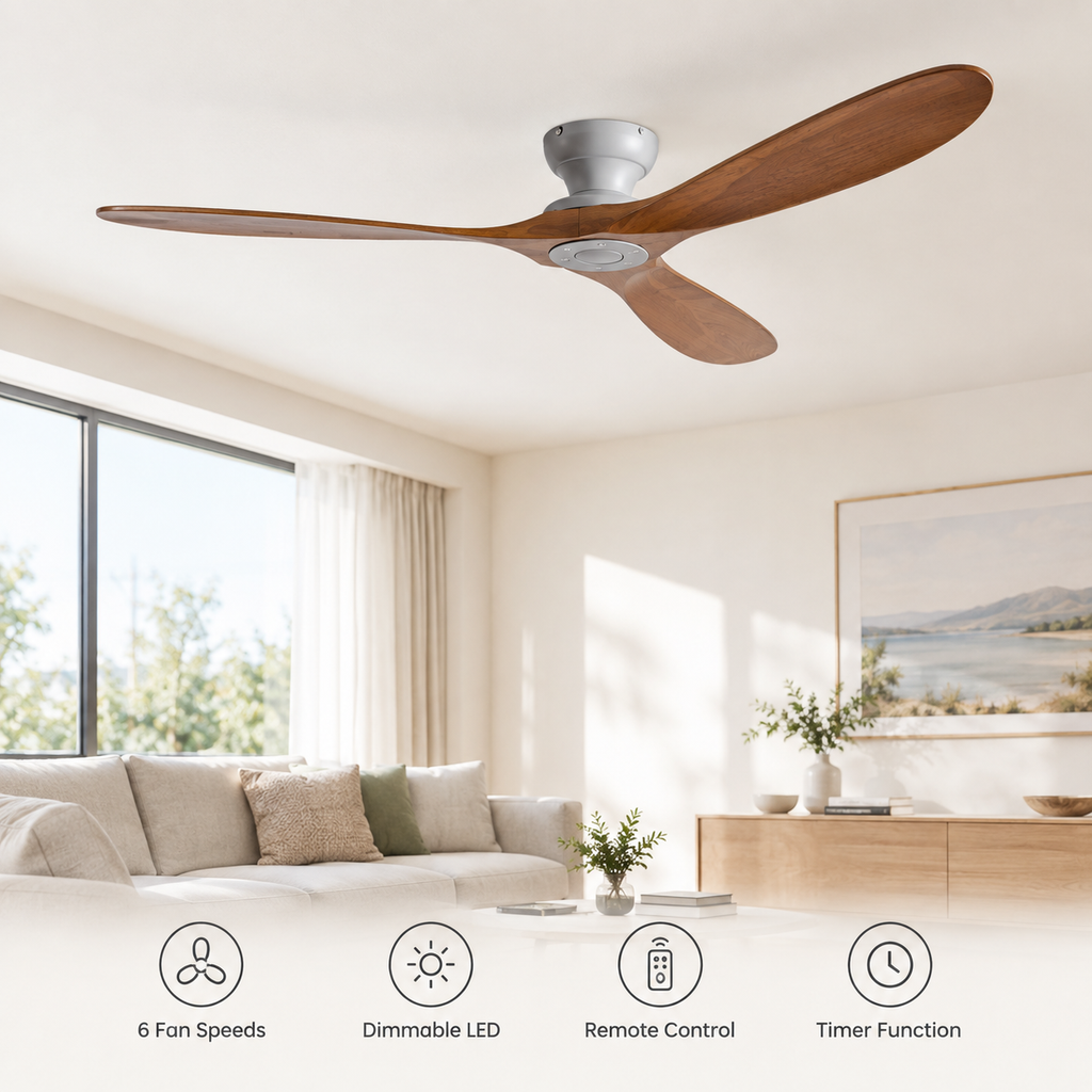 42/52/60 Inch Low Floor Ceiling Fan 3 Wooden Blade DC Motor Electric Fan with Remote Control for Living Room Dining Room Bedroom - Fonctionnalitées