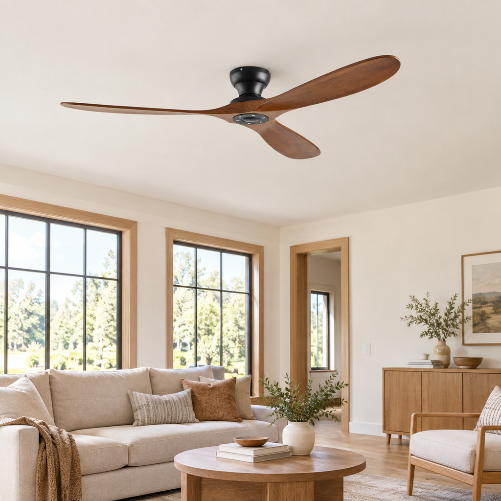 42/52/60 Inch Low Floor Ceiling Fan 3 Wooden Blade DC Motor Electric Fan with Remote Control for Living Room Dining Room Bedroom - Salon