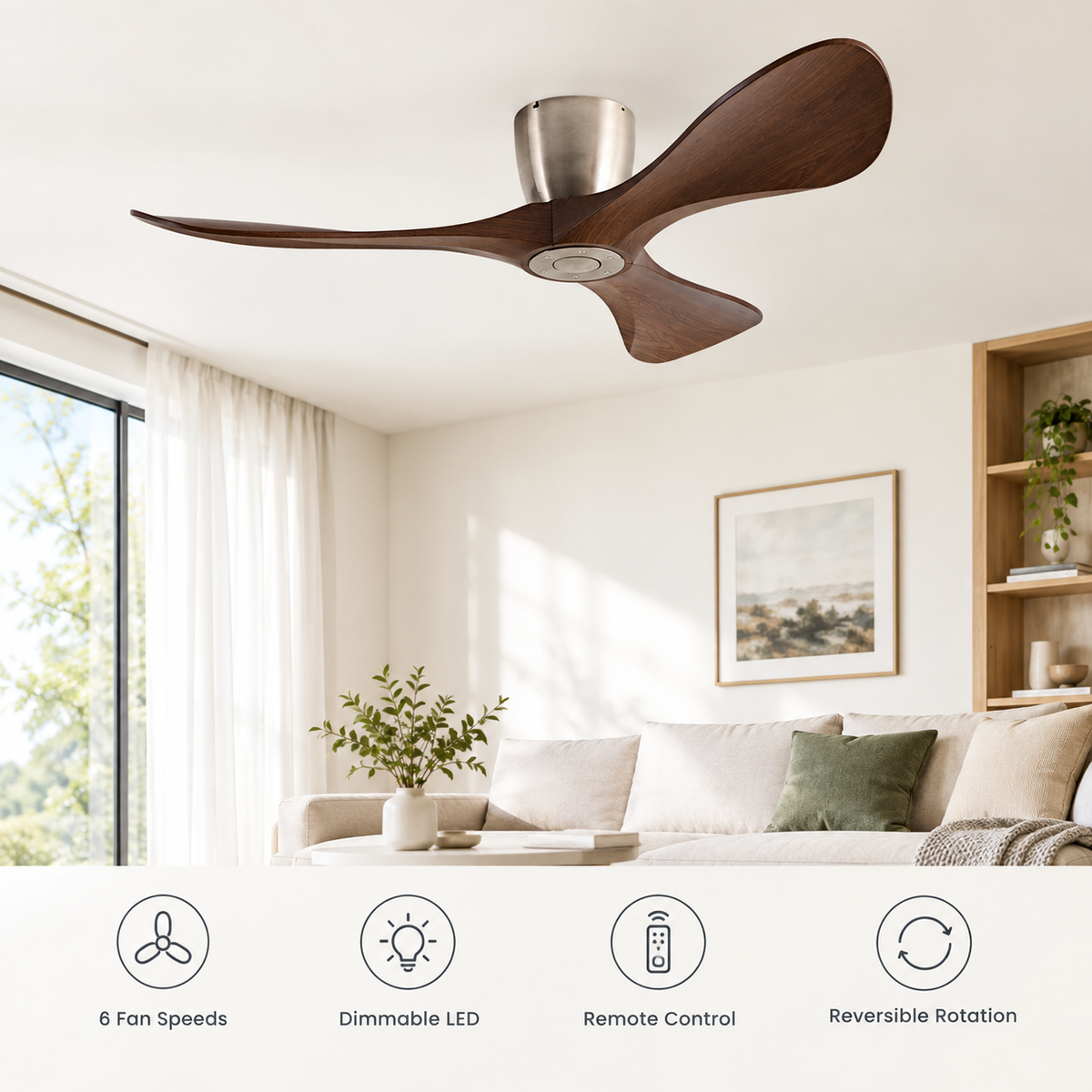 42/52/60 Inch Widened DC Motor Ceiling Fan with LED Light and Remote - 6-Speed Silent Deal NO Light for Low Ceilings for Bedroom - Fonctionnalitées