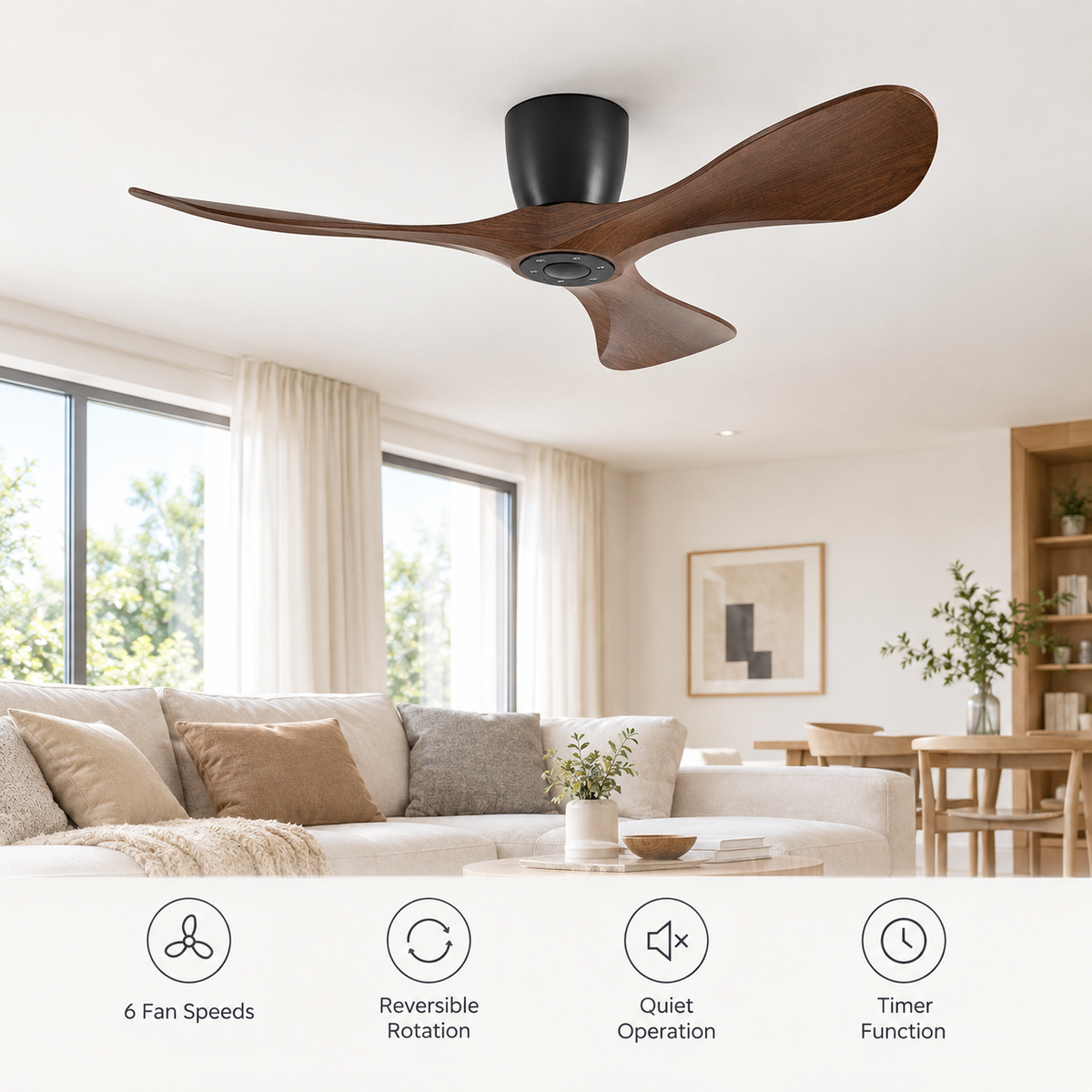 42/52/60 Inch Widened DC Motor Ceiling Fan with LED Light and Remote - 6-Speed Silent Deal NO Light for Low Ceilings for Bedroom - Fonctionnalitées
