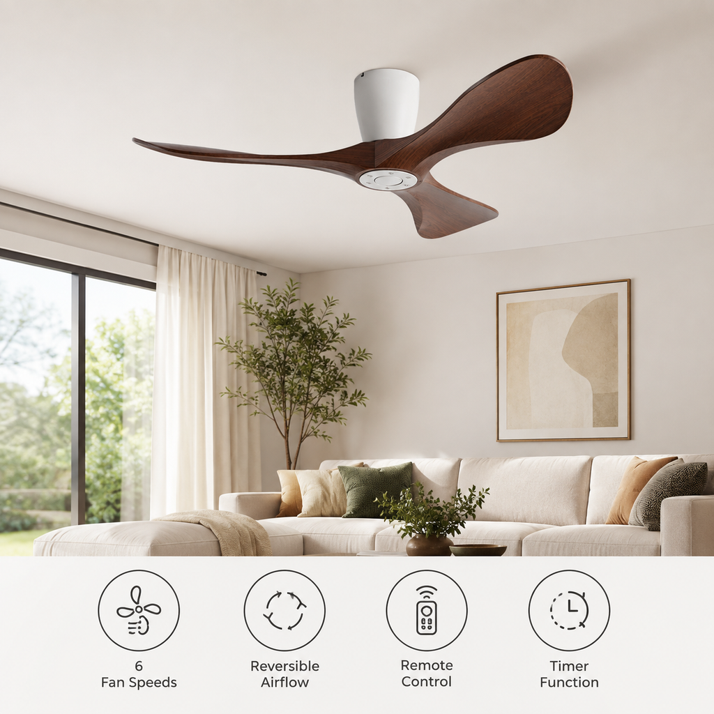 42/52/60 Inch Widened DC Motor Ceiling Fan with LED Light and Remote - 6-Speed Silent Deal NO Light for Low Ceilings for Bedroom - Fonctionnalitées