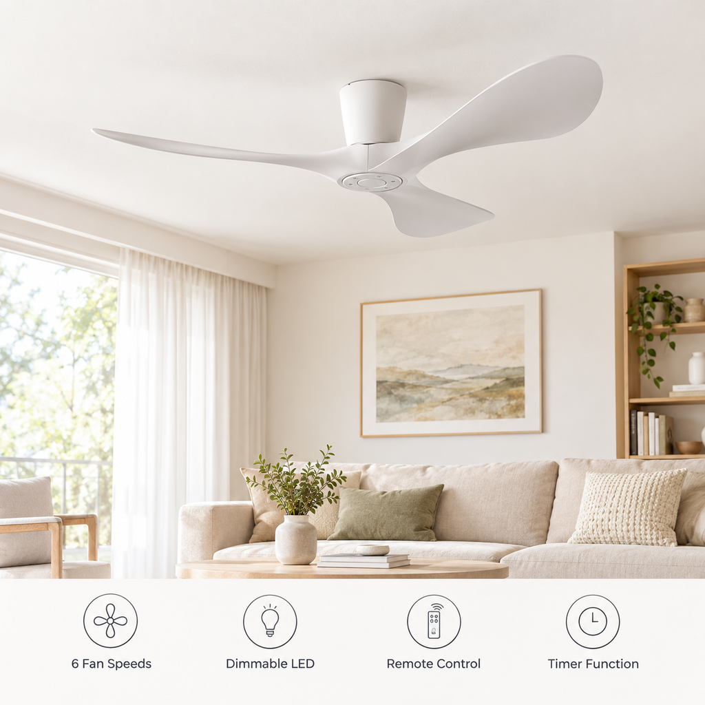 42/52/60 Inch Widened DC Motor Ceiling Fan with LED Light and Remote - 6-Speed Silent Deal NO Light for Low Ceilings for Bedroom - Fonctionnalitées