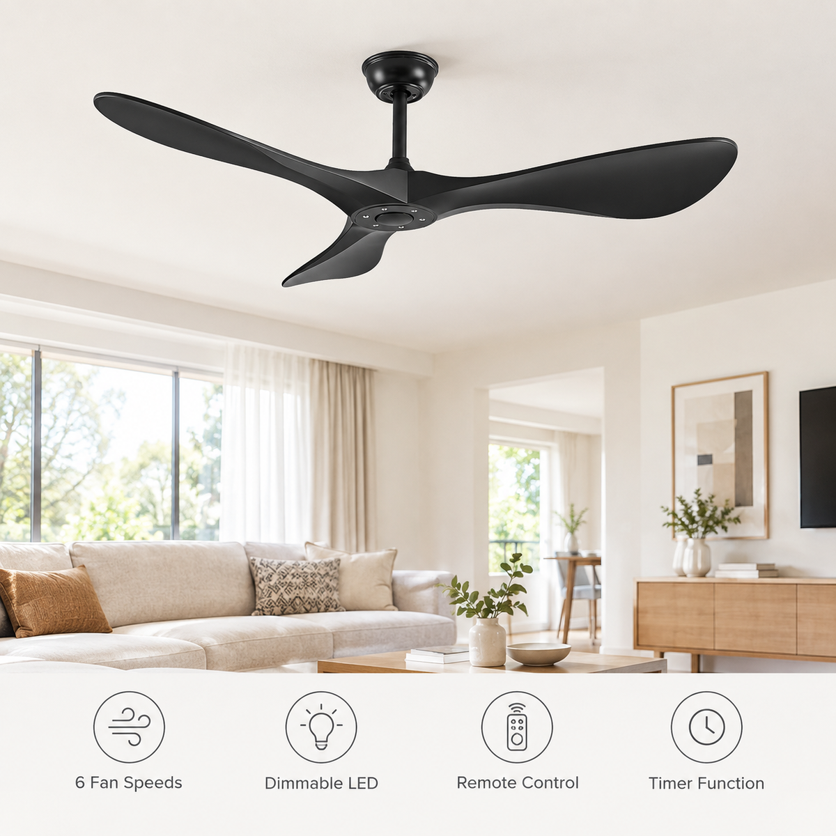 42/52/60Inch Strong Blade DC Motor Ceiling Fan with Light and Remote - 6-Speed Silent Deal NO Light for Low Ceilings for Bedroom - Fonctionnalitées
