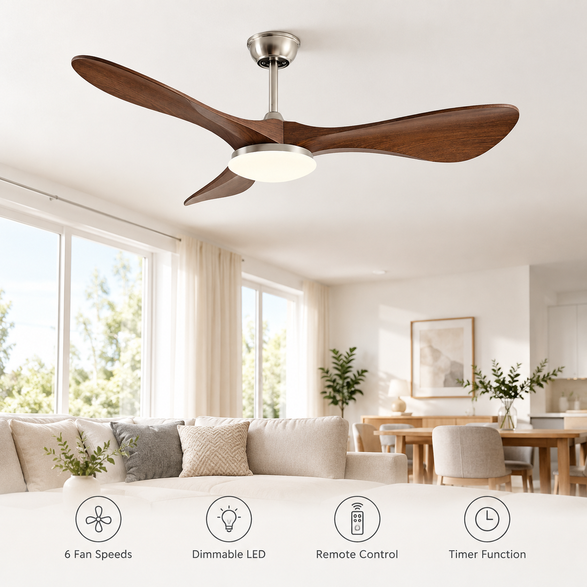 42/52/60Inch Strong Blade DC Motor Ceiling Fan with Light and Remote - 6-Speed Silent Deal NO Light for Low Ceilings for Bedroom - Fonctionnalitées