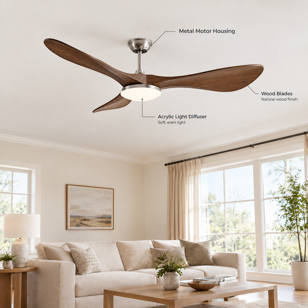 42/52/60Inch Strong Blade DC Motor Ceiling Fan with Light and Remote - 6-Speed Silent Deal NO Light for Low Ceilings for Bedroom - Specs