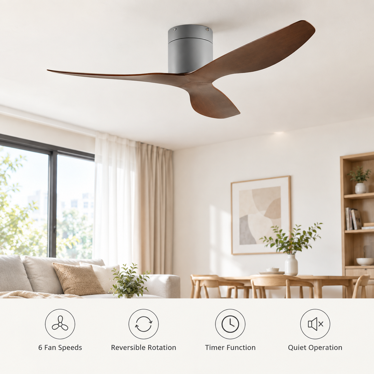 45/52 inch Modern Stylish LED Ceiling Fan with Light Remote Control 3 Blades Quiet Modern Design for Living Room Bedroom - Fonctionnalitées