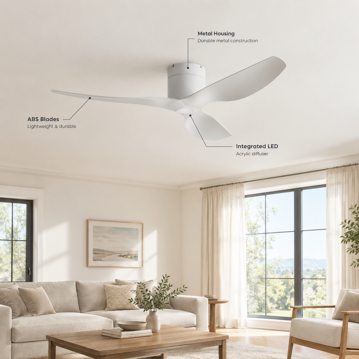 45/52 inch Modern Stylish LED Ceiling Fan with Light Remote Control 3 Blades Quiet Modern Design for Living Room Bedroom - Specs