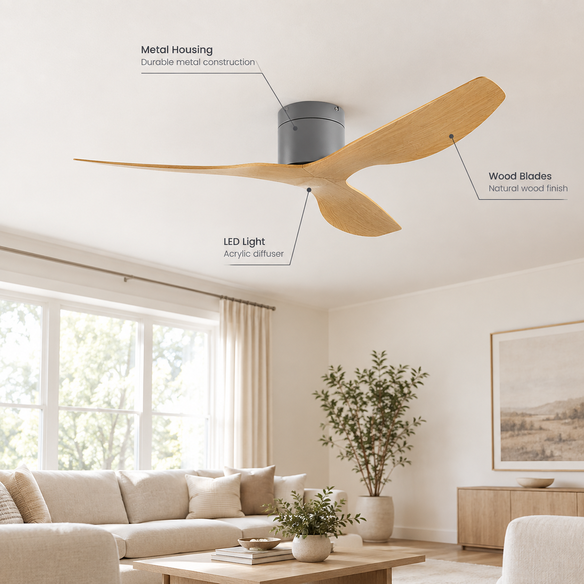 45/52 inch Modern Stylish LED Ceiling Fan with Light Remote Control 3 Blades Quiet Modern Design for Living Room Bedroom - Specs