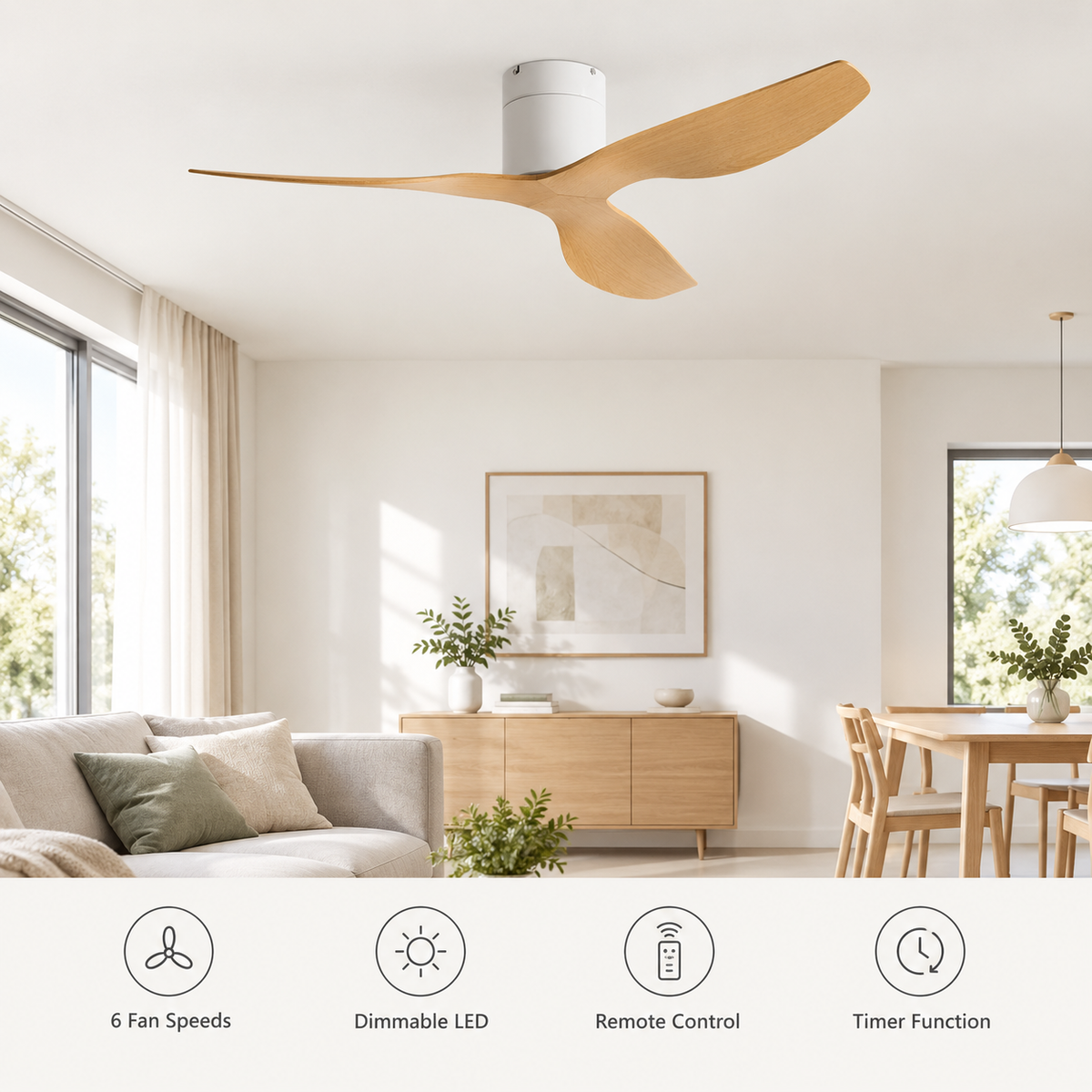 45/52 inch Modern Stylish LED Ceiling Fan with Light Remote Control 3 Blades Quiet Modern Design for Living Room Bedroom - Fonctionnalitées
