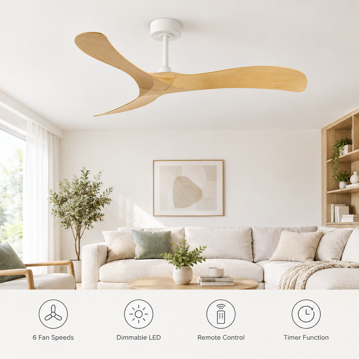 52 Inch Inverter Ceiling Fan No Light 3 ABS Blades 6 Speed Adjustable Ideal Home Ventilator for Living Room Bedroom/Hotel Office - Fonctionnalitées