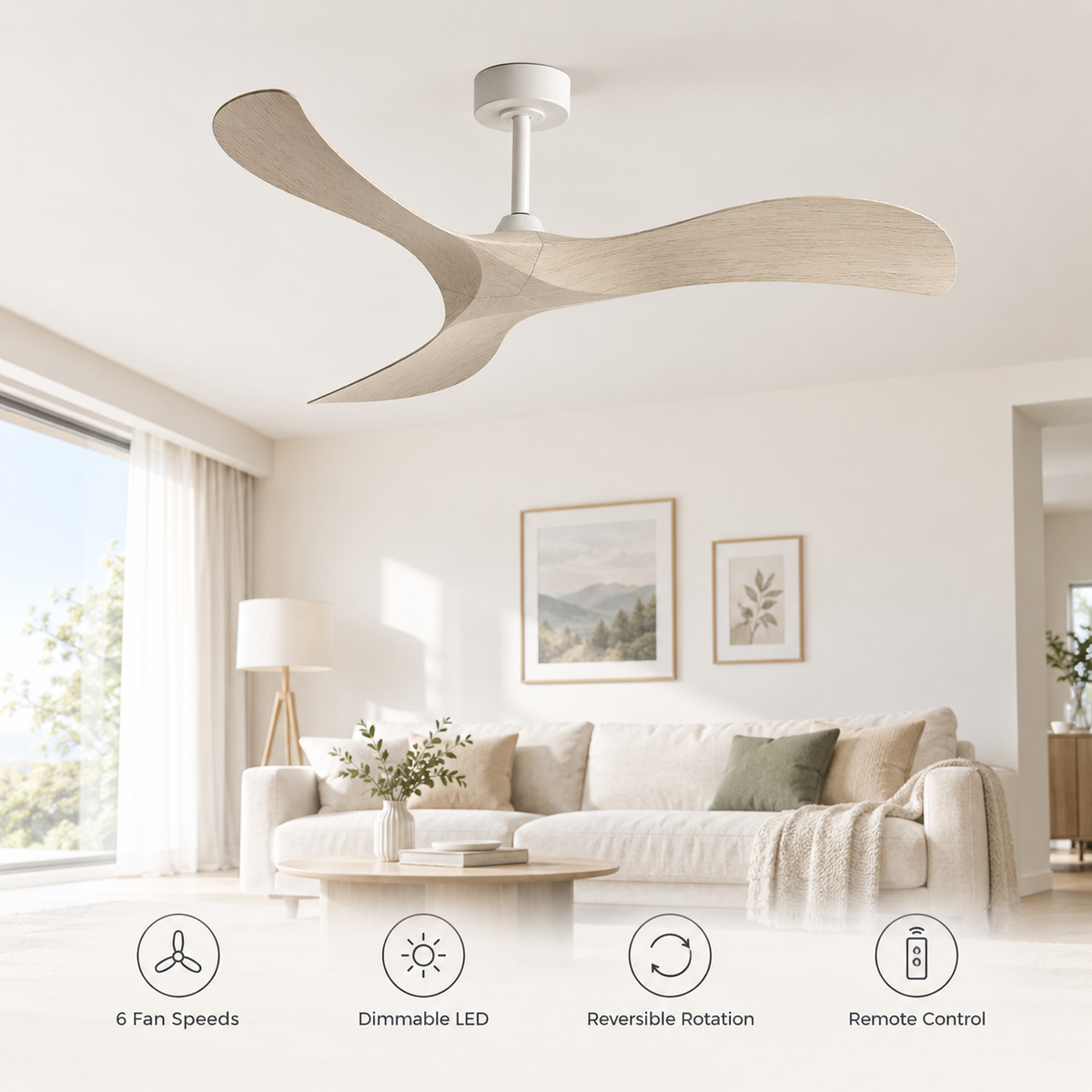 52 Inch Inverter Ceiling Fan No Light 3 ABS Blades 6 Speed Adjustable Ideal Home Ventilator for Living Room Bedroom/Hotel Office - Fonctionnalitées