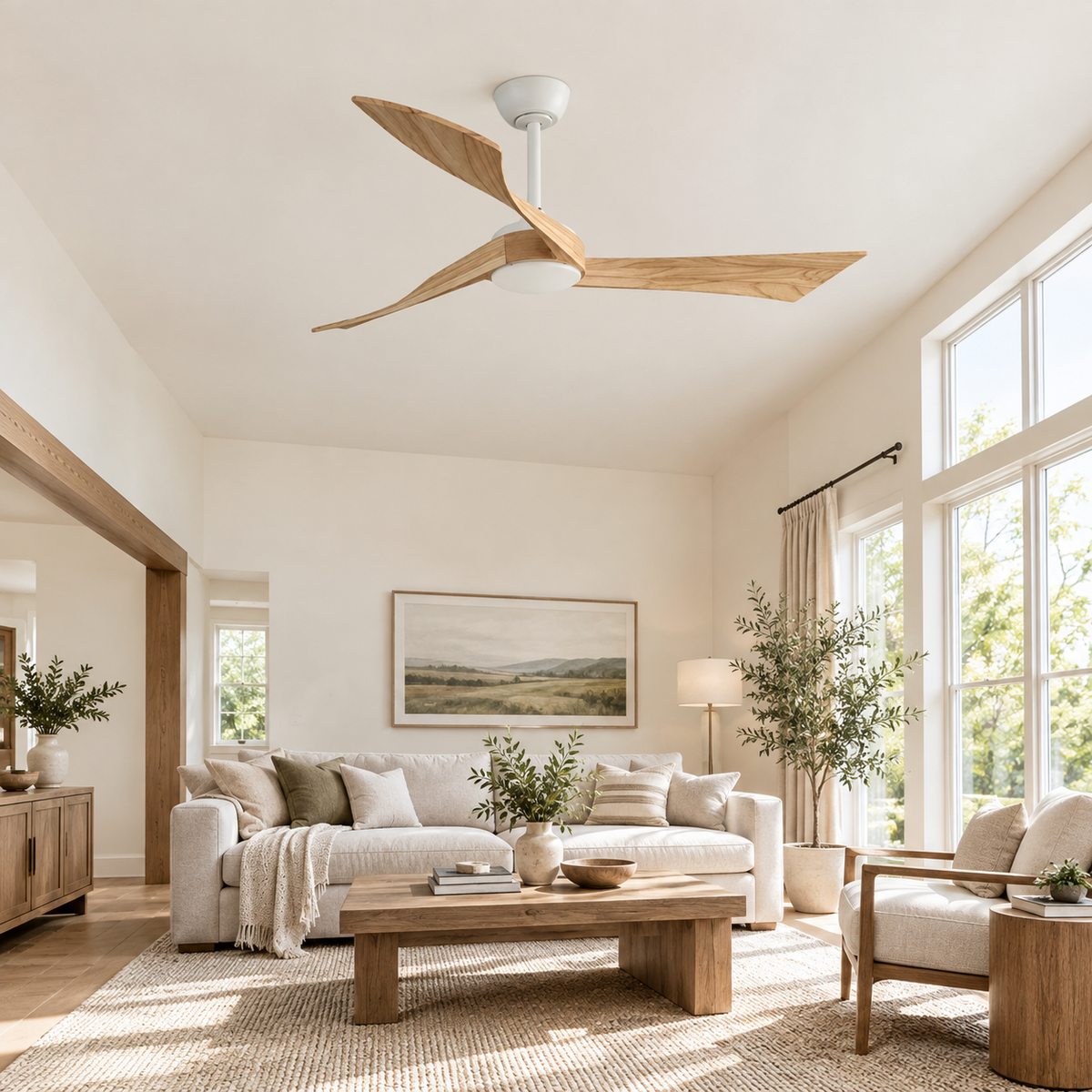 52 Inch Inverter DC Motor Ceiling Fan with Light and Remote Modern 3 Solid Wood Blades Ceiling Fan, 6 Speeds 5500CFM - Image 1 Image