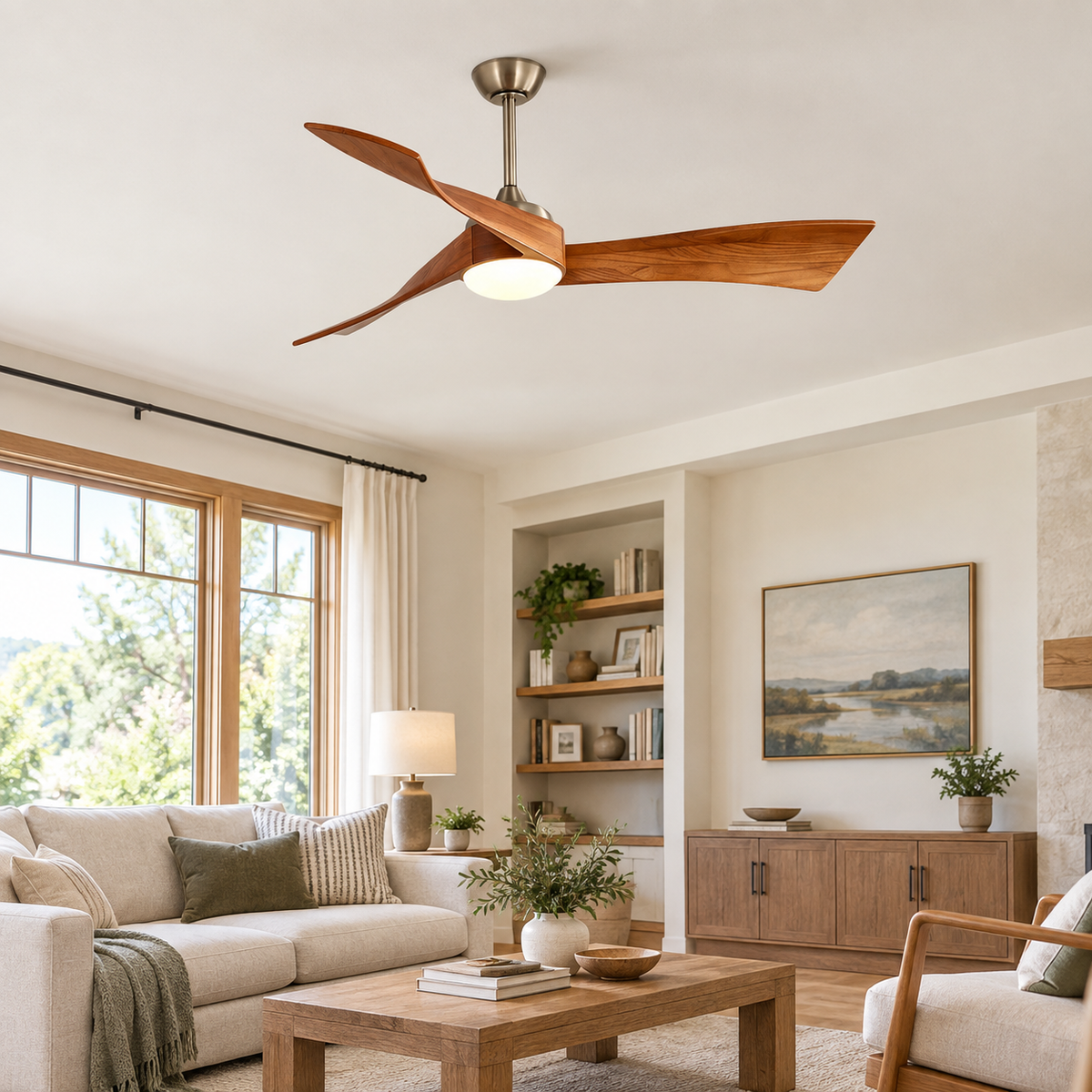 52 Inch Inverter DC Motor Ceiling Fan with Light and Remote Modern 3 Solid Wood Blades Ceiling Fan, 6 Speeds 5500CFM - Salon