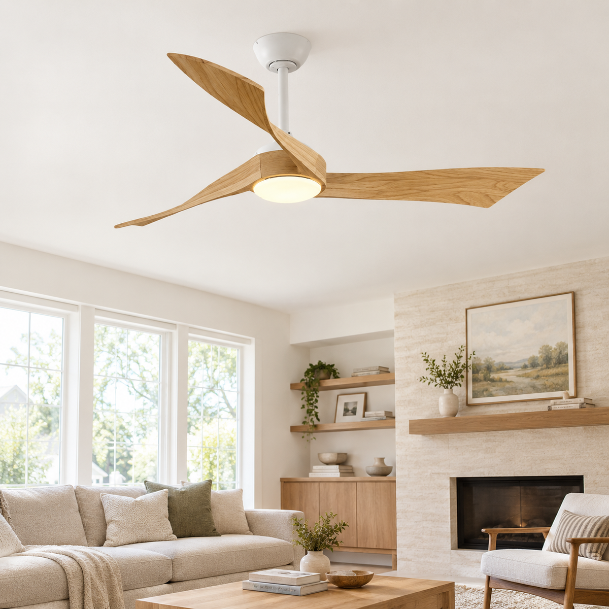 52 Inch Inverter DC Motor Ceiling Fan with Light and Remote Modern 3 Solid Wood Blades Ceiling Fan, 6 Speeds 5500CFM - Salon