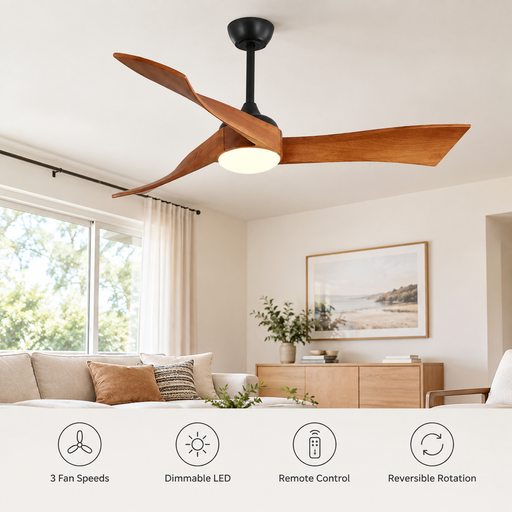 52 Inch Inverter DC Motor Ceiling Fan with Light and Remote Modern 3 Solid Wood Blades Ceiling Fan, 6 Speeds 5500CFM - Fonctionnalitées