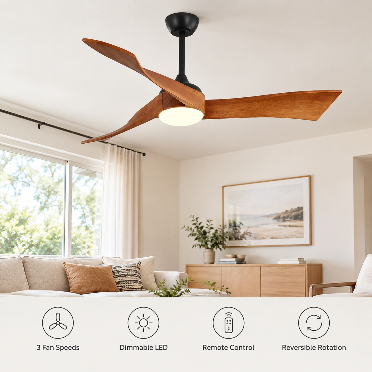 52 Inch Inverter DC Motor Ceiling Fan with Light and Remote Modern 3 Solid Wood Blades Ceiling Fan, 6 Speeds 5500CFM - Fonctionnalitées