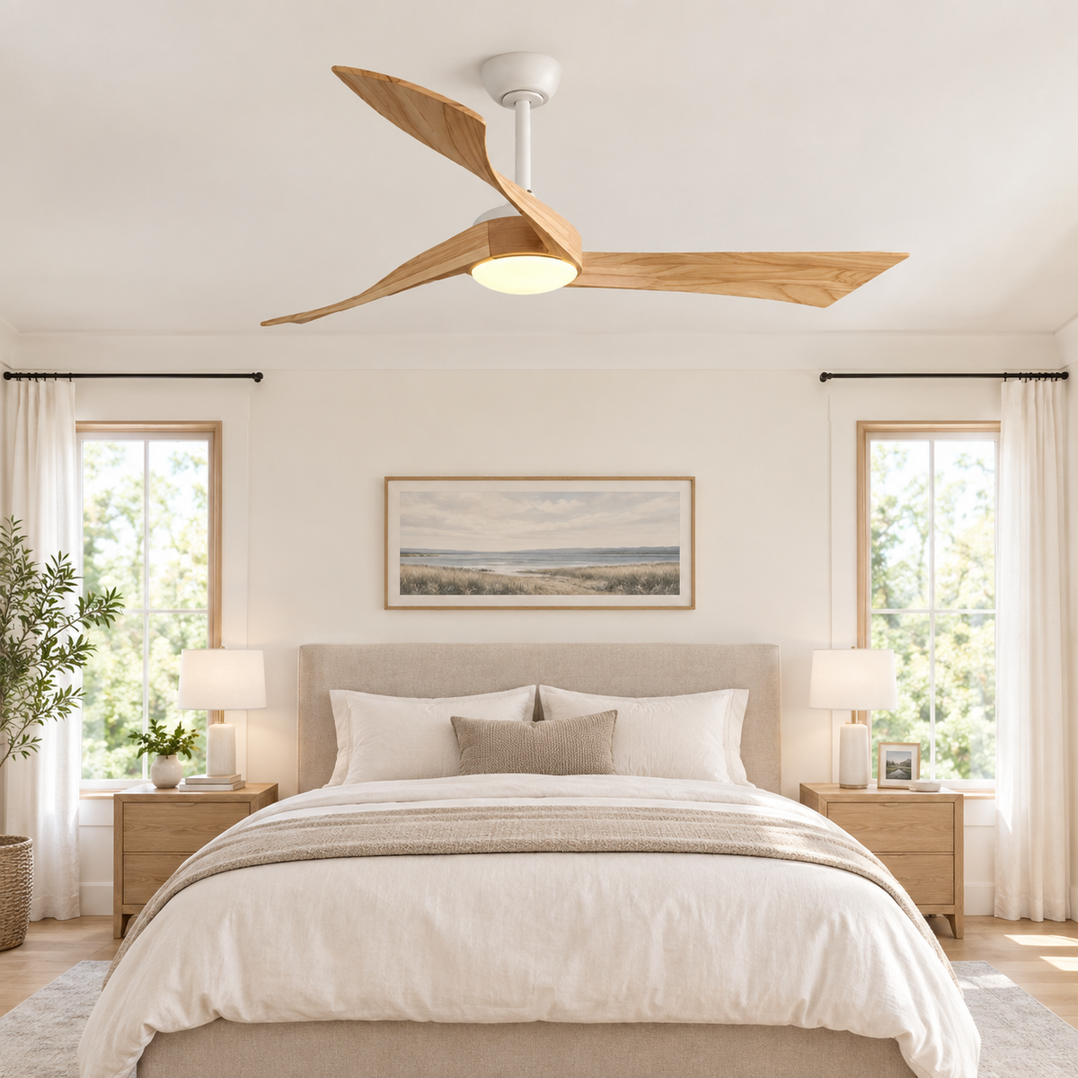 52 Inch Inverter DC Motor Ceiling Fan with Light and Remote Modern 3 Solid Wood Blades Ceiling Fan, 6 Speeds 5500CFM - Chambre