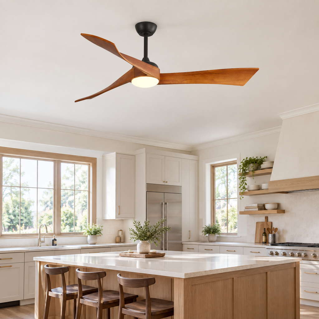 52 Inch Inverter DC Motor Ceiling Fan with Light and Remote Modern 3 Solid Wood Blades Ceiling Fan, 6 Speeds 5500CFM - Cuisine